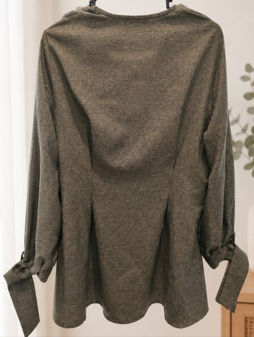 SHEIN Olive Green Peplum Blouse Button Front Tie Sleeve Women’s Size 12 - Picture 4 of 8
